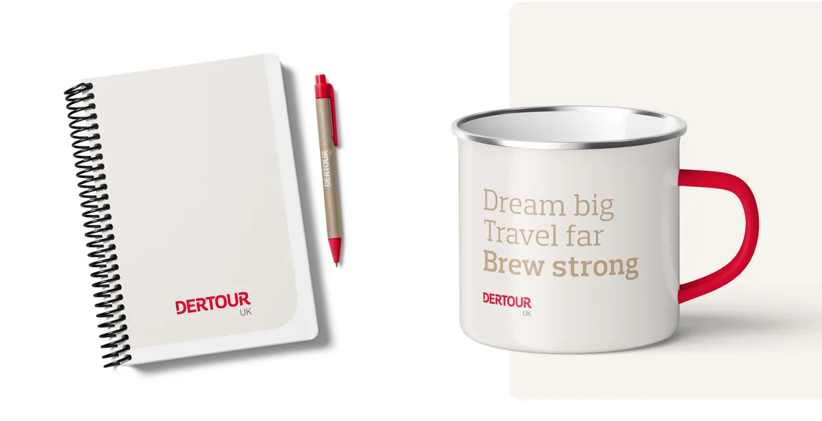 DERTOUR UK branded notebook, pen and enamel travel mug.