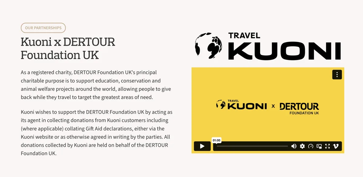 DERTOUR Foundation UK website, showing the Kuoni partnership section.