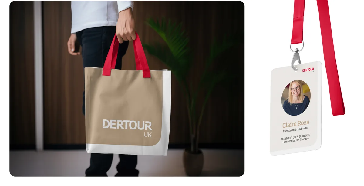 DERTOUR UK branded tote bag and a staff lanyard, part of the identity applied across collateral.