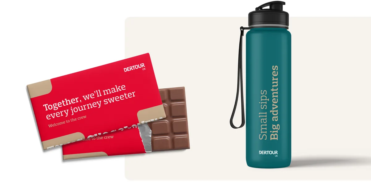 DERTOUR UK welcome-to-the-team items: branded chocolate and a water bottle.