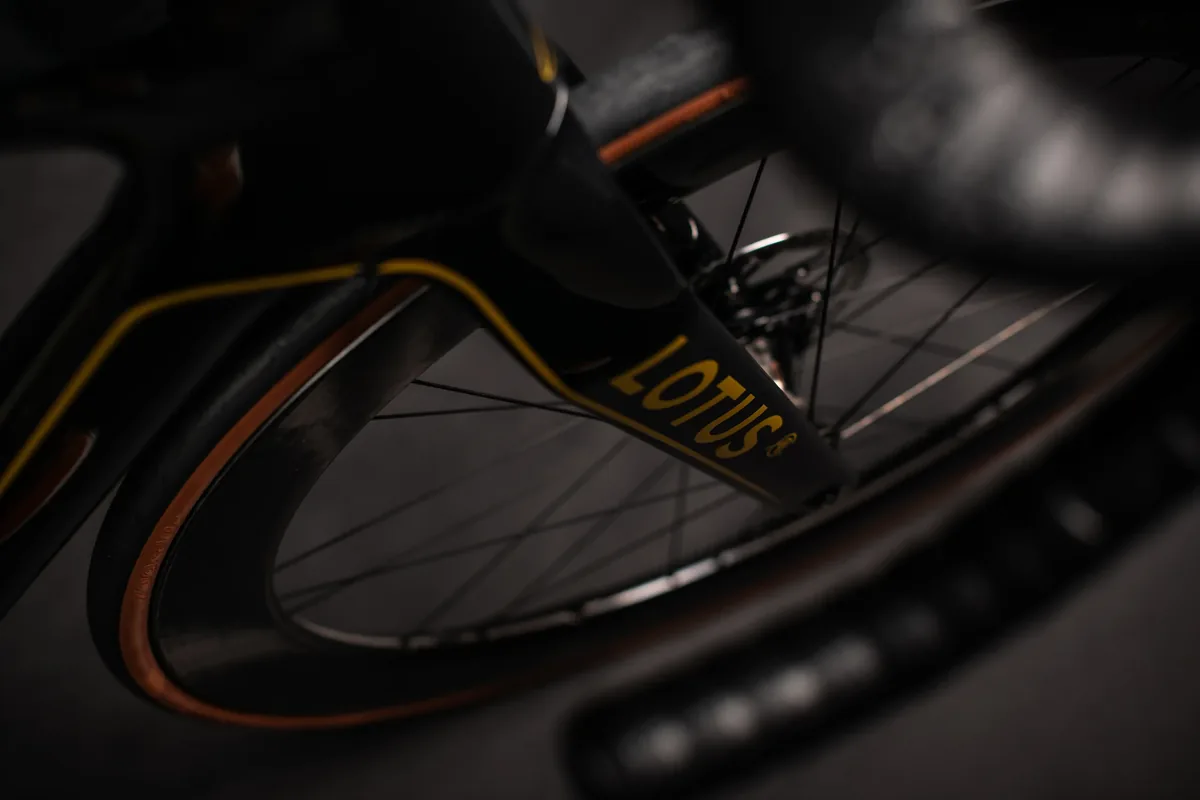 HPS WattAssist detail, the Lotus fork and wheel, precision engineering up close.